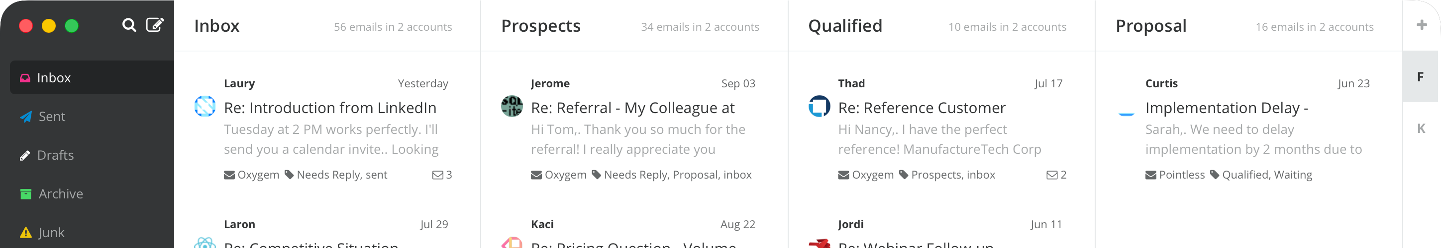 Screenshot of Kanmail app showing kanban sales board example