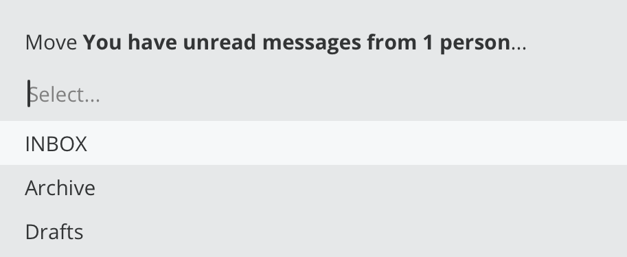 Screenshot of Kanmail app showing move email keyboard input